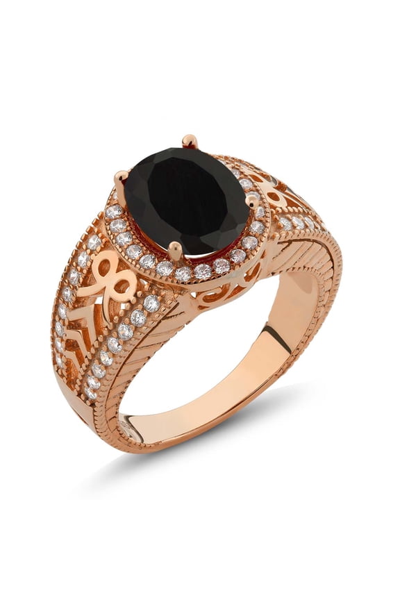 18K Rose Gold Plated Silver Black Onyx Ring for Women (2.83 Cttw, Gemstone December Birthstone, Oval 10X8MM, Size 5)