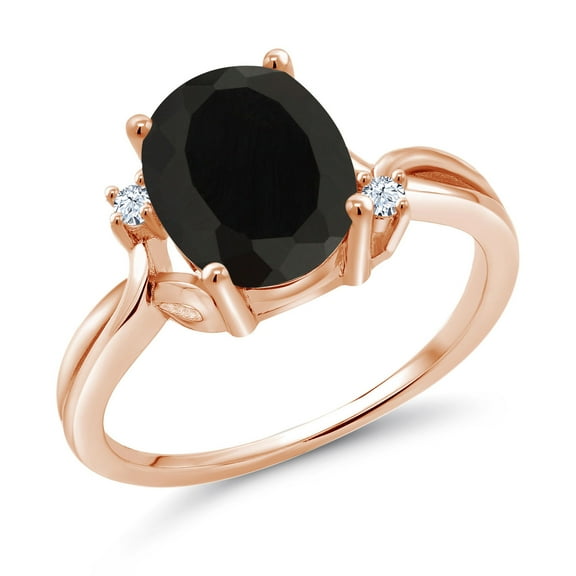 Gem Stone King 18K Rose Gold Plated Silver Black Onyx and White Created Sapphire 3 Stone Ring for Women (2.53 Cttw, Oval 10X8MM, Gemstone December Birthstone, Size 5)