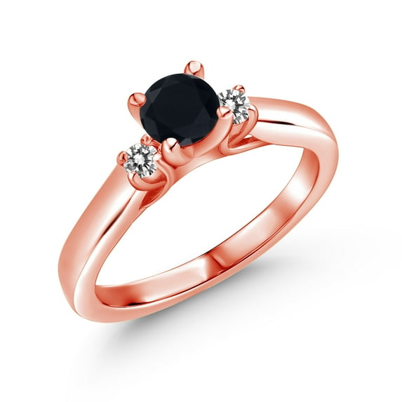 Gem Stone King 18K Rose Gold Plated Silver Black Onyx and White Diamond 3-Stone Engagement Ring for Women (0.61 Cttw, Gemstone December Birthstone, Size 7)