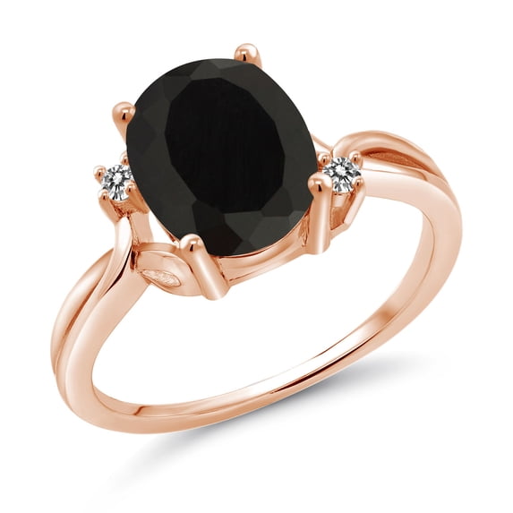 Gem Stone King 18K Rose Gold Plated Silver Black Onyx and White Diamond 3 Stone Ring for Women (2.53 Cttw, Oval 10X8MM, Gemstone December Birthstone, Size 9)