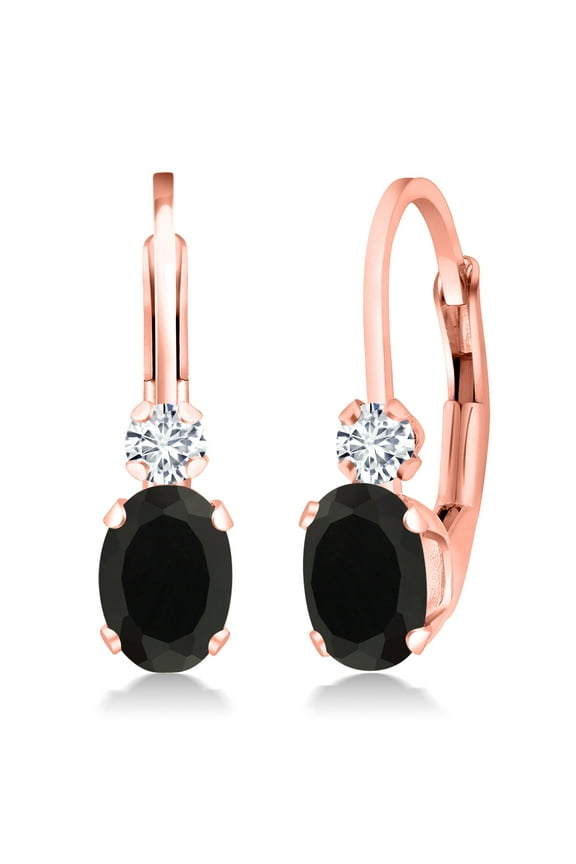 18K Rose Gold Plated Silver Black Onyx and White Diamond Leverback Earrings for Women (0.87 Cttw, Gemstone December Birthstone, Oval 6X4MM, Round 2MM, 3/4 inch)