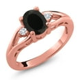 thumbnail image 1 of Gem Stone King 18K Rose Gold Plated Silver Black Onyx and White Lab Grown Diamond 3 Stone Engagement Ring for Women | 1.68 Cttw | Oval 8X6MM | Round 2MM | Gemstone December Birthstone | Size 9, 1 of 4