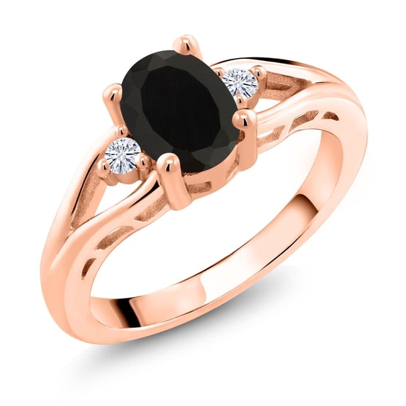 Gem Stone King 18K Rose Gold Plated Silver Black Onyx and White Moissanite 3 Stone Engagement Ring for Women | 1.68 Cttw | Oval 8X6MM | Round 2MM | Gemstone December Birthstone | Size 6