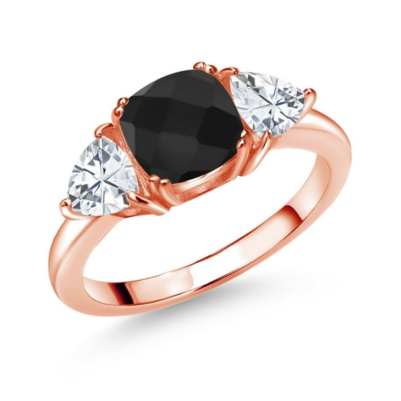 Gem Stone King 18K Rose Gold Plated Silver Black Onyx and White Moissanite 3 Stone Engagement Ring for Women (2.41 Cttw, Gemstone December Birthstone, Available in Size 5, 6, 7, 8, 9)