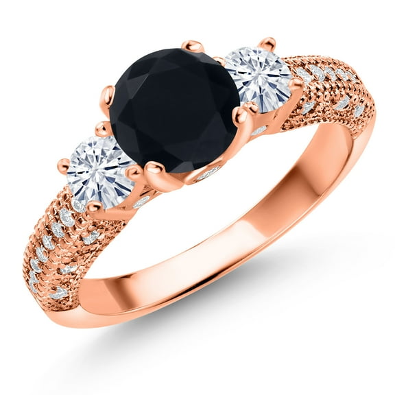 Gem Stone King 18K Rose Gold Plated Silver Black Onyx and White Moissanite Engagement Ring for Women (1.82 Cttw, Gemstone December Birthstone, Round 7MM and 4MM, Size 8)