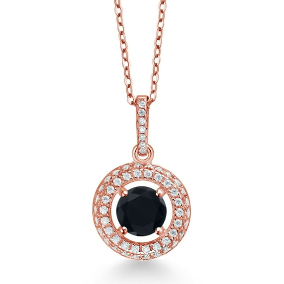Gem Stone King 18K Rose Gold Plated Silver Black Onyx and White Moissanite Pendant Necklace for Women (1.05 Cttw, December Birthstone, Round 6MM, 18" Silver Chain)