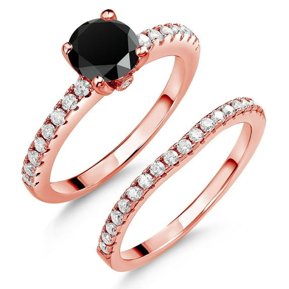 Gem Stone King 18K Rose Gold Plated Silver Black Onyx and White Moissanite Wedding Engagement Band Bridal Set Ring for Women (1.29 Cttw, Gemstone December Birthstone, Available in Size 5, 6, 7, 8, 9)