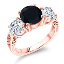 Gem Stone King 18K Rose Gold Plated Silver Black Onyx and White Zirconia Engagement Ring for Women | 4.65 Cttw | Round 8MM | Gemstone December Birthstone | Size 6