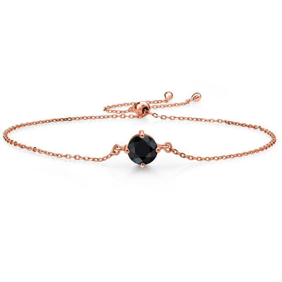 Gem Stone King 18K Rose Gold Plated Silver Black Sapphire Solitaire Bracelet for Women (1.15 Cttw, Round Cut 6MM)