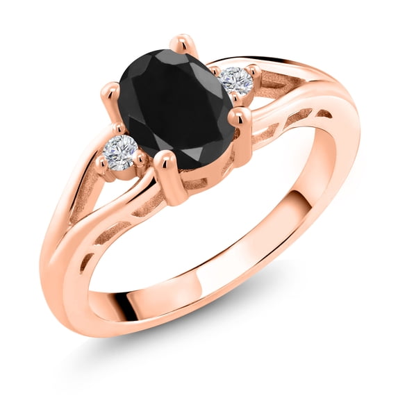 Gem Stone King 18K Rose Gold Plated Silver Black Sapphire and White Lab Grown Diamond 3 Stone Engagement Ring for Women | 1.74 Cttw | Oval 8X6MM | Round 2MM | Gemstone September Birthstone | Size 7
