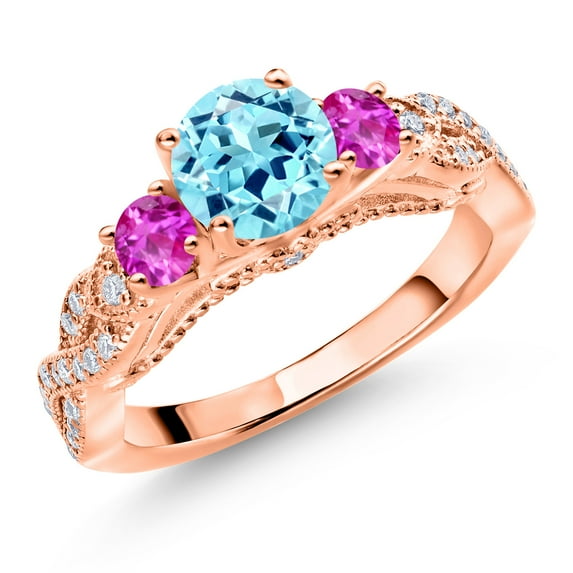 Gem Stone King 18K Rose Gold Plated Silver Blue Apatite Pink Sapphire and White Moissanite Engagement Ring for Women (1.35 Cttw, Gemstone, Round 6MM and 3MM, Size 6)
