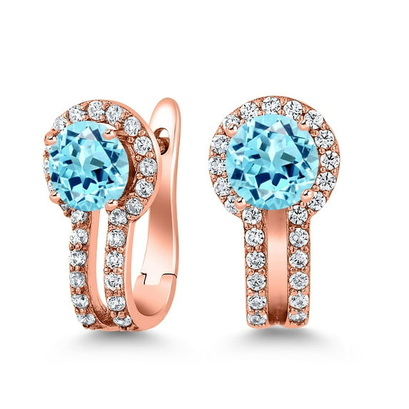 Gem Stone King 18K Rose Gold Plated Silver Blue Apatite and White Created Sapphire Earrings for Women (1.49 Cttw, Gemstone Birthstone, Round 5MM)