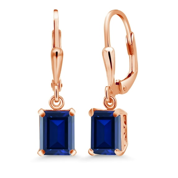 Gem Stone King 18K Rose Gold Plated Silver Blue Created Sapphire Dangle Earrings for Women (3.00 Cttw, Gemstone September Birthstone, Octagon 8X6MM)