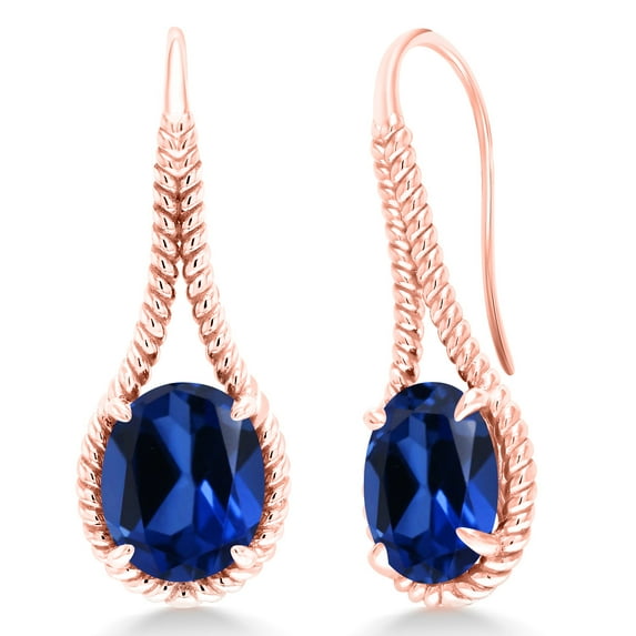 Gem Stone King 18K Rose Gold Plated Silver Blue Created Sapphire Drop Dangle Earrings for Women | 12.00 Cttw | Gemstone September Birthstone | Oval 12X10MM | 1.18 inch