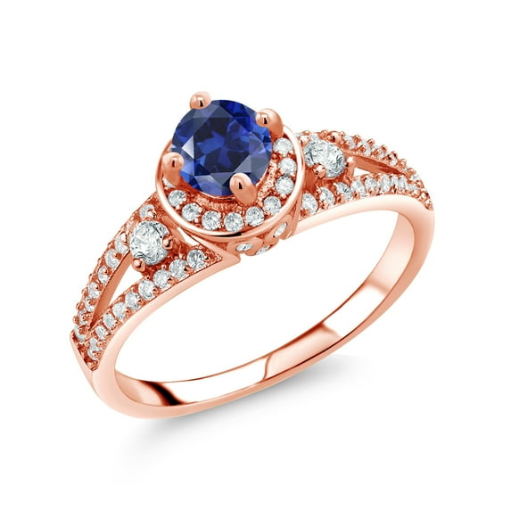 Gem Stone King 18K Rose Gold Plated Silver Blue Created Sapphire Engagement Ring for Women (1.54 Cttw, Round 5MM, Gemstone September Birthstone, Size 7)