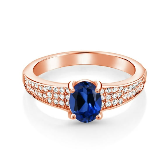 Gem Stone King 18K Rose Gold Plated Silver Blue Created Sapphire Engagement Ring for Women (2.08 Cttw, Oval 8X6MM, Gemstone September Birthstone, Size 7)