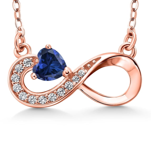 Gem Stone King 18K Rose Gold Plated Silver Blue Created Sapphire Infinity Pendant Necklace for Women (0.62 Cttw, Heart Shape 4MM, with 18 inch Silver Chain)