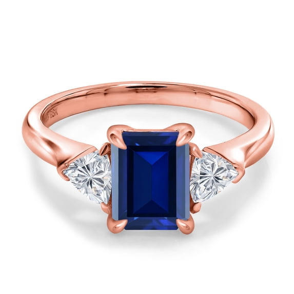 Gem Stone King 18K Rose Gold Plated Silver Blue Created Sapphire and Lab Grown Diamond 3-Stone Engagement Ring for Women | 1.78 Cttw | Octagon 8X6MM | Gemstone September Birthstone | Size 8