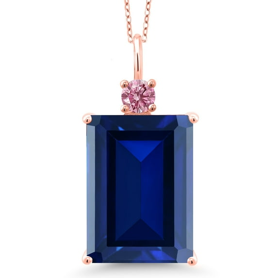 Gem Stone King 18K Rose Gold Plated Silver Blue Created Sapphire and Pink Lab Grown Diamond Pendant Necklace for Women (17.75 Cttw, Emerald Cut 18X13MM, With 18 inch Silver Chain)