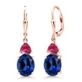 thumbnail image 1 of Gem Stone King 18K Rose Gold Plated Silver Blue Created Sapphire and Red Created Ruby Dangle Earrings for Women (7.46 Cttw, Gemstone September Birthstone, Oval 10X8MM, Trillion 5MM), 1 of 4