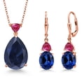 thumbnail image 1 of Gem Stone King 18K Rose Gold Plated Silver Blue Created Sapphire and Red Created Ruby Pendant Earrings Jewelry Set for Women (20.52 Cttw, Pear Shape 18X13MM, with 18 inch Chain), 1 of 3