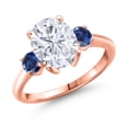 thumbnail image 1 of Gem Stone King 18K Rose Gold Plated Silver Blue Created Sapphire Ring Set with Moissanite (3.50 Cttw), 1 of 7