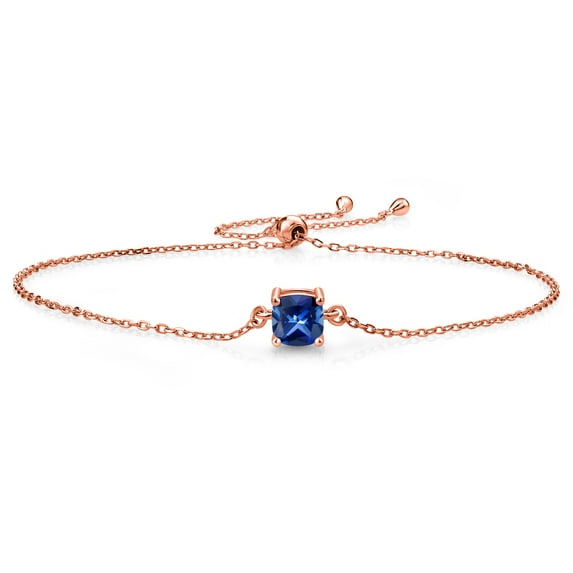 Gem Stone King 18K Rose Gold Plated Silver Blue Created Sapphire Solitaire Bracelet for Women (1.00 Cttw, Cushion Cut 6MM)