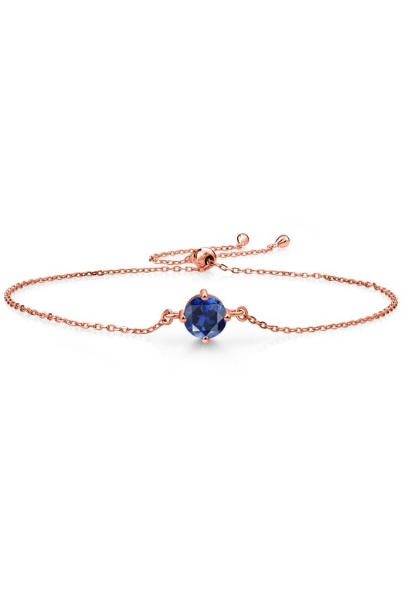 18K Rose Gold Plated Silver Blue Created Sapphire Solitaire Bracelet for Women (1.00 Cttw, Round Cut 6MM)