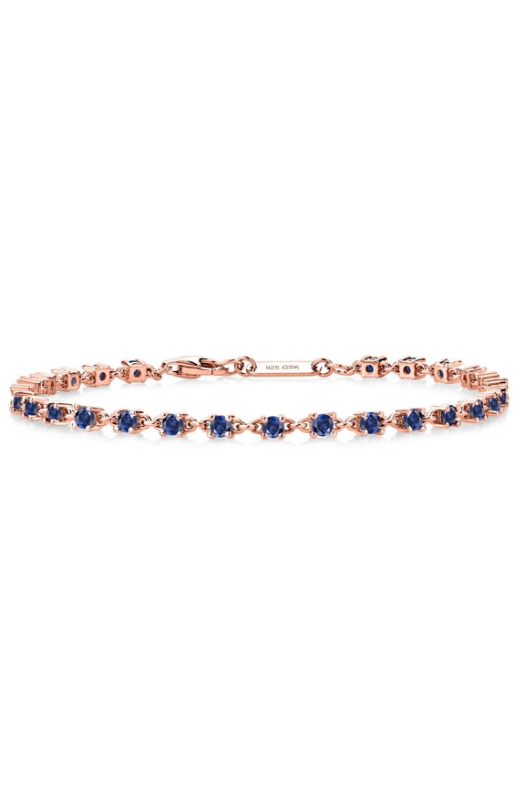 18K Rose Gold Plated Silver Blue Created Sapphire Tennis Bracelet | 1.76 Cttw | Round: 2.5MM | 7 inch