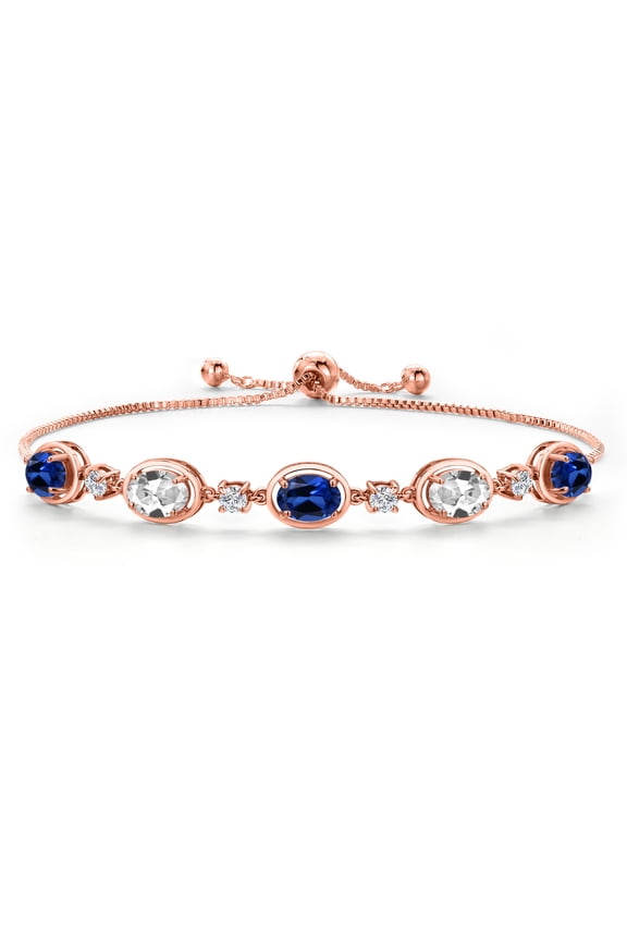 18K Rose Gold Plated Silver Blue Created Sapphire and White Created Sapphire Bracelet for Women | 5.00 Cttw | Gemstone September Birthstone | Oval 7X5MM | Fully Adjustable 9 inch