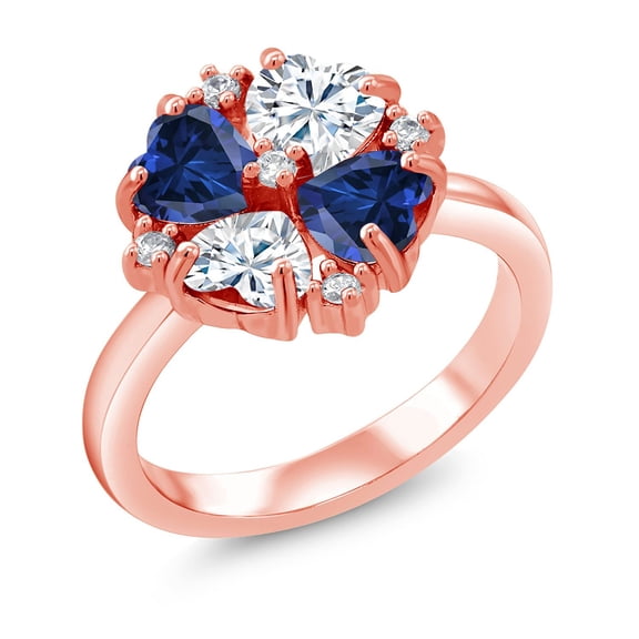 Gem Stone King 18K Rose Gold Plated Silver Blue Created Sapphire and White Moissanite Ring for Women (1.92 Cttw, Heart Shape 5MM, Gemstone September Birthstone, Size 8)