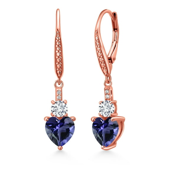Gem Stone King 18K Rose Gold Plated Silver Blue Iolite and White Lab Grown Diamond Drop Dangle Earrings for Women (2.25 Cttw, Heart Shape 7MM, Round 4MM)
