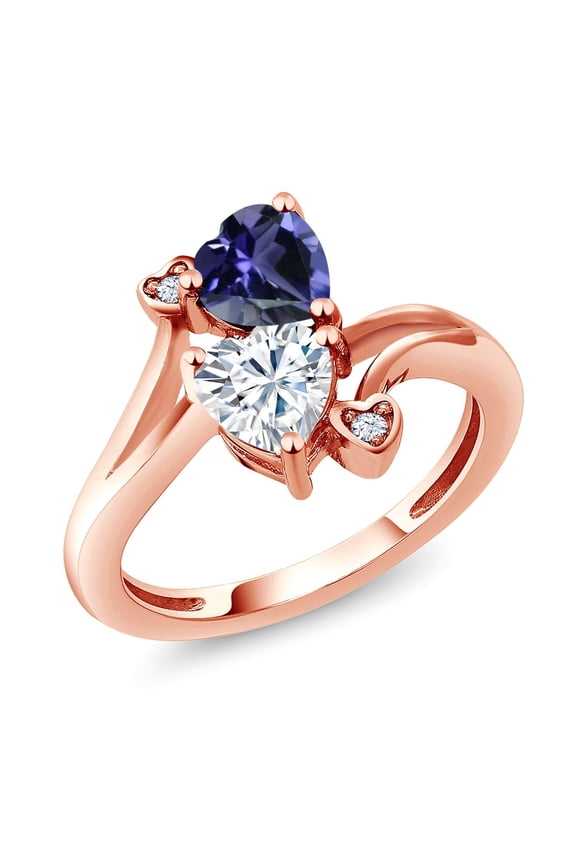 18K Rose Gold Plated Silver Blue Iolite White Moissanite Ring for Women (1.41 Cttw, Heart Shape 6MM, Gemstone Birthstone, Size 8)