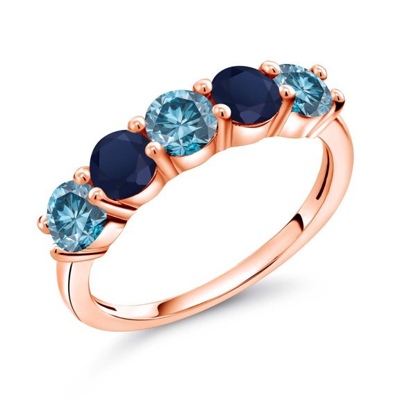 Gem Stone King 18K Rose Gold Plated Silver Blue Lab Grown Diamond and Blue Sapphire Wedding-Bands Ring for Women | 0.95 Cttw | Round 3.5MM | Gemstone April Birthstone | Size 5