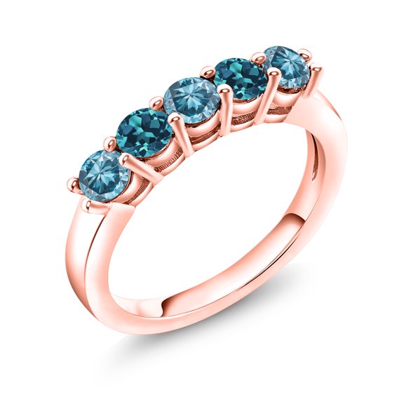 Gem Stone King 18K Rose Gold Plated Silver Blue Lab Grown Diamond and London Blue Topaz Wedding-Bands Ring for Women | 0.95 Cttw | Round 3.5MM | Gemstone April Birthstone | Size 5
