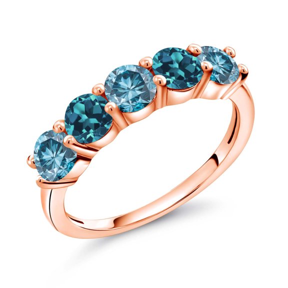 Gem Stone King 18K Rose Gold Plated Silver Blue Lab Grown Diamond and London Blue Topaz Wedding-Bands Ring for Women | 0.95 Cttw | Round 3.5MM | Gemstone April Birthstone | Size 8