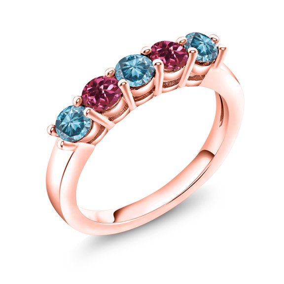 Gem Stone King 18K Rose Gold Plated Silver Blue Lab Grown Diamond and Pink Tourmaline Wedding-Bands Ring for Women | 0.81 Cttw | Round 3.5MM | Gemstone April Birthstone | Size 5