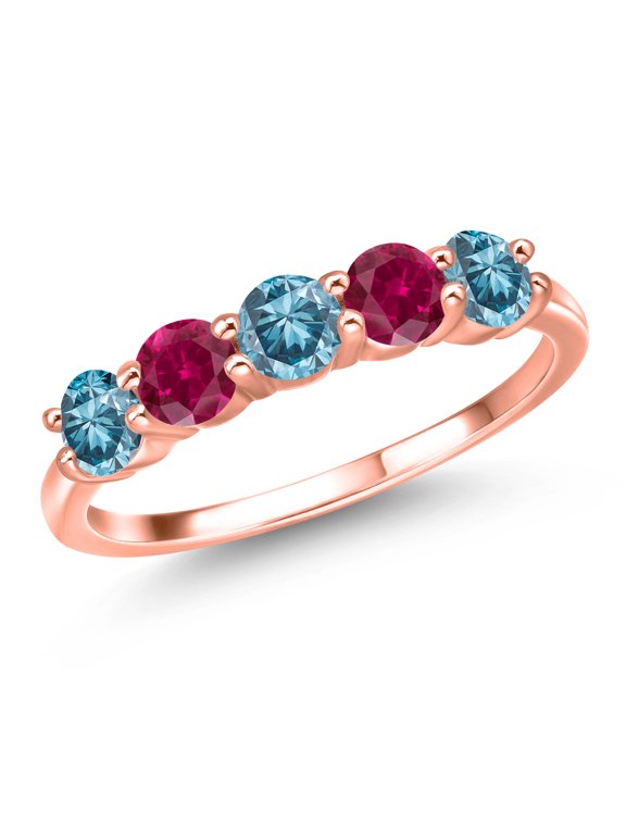 18K Rose Gold Plated Silver Blue Lab Grown Diamond and Red Created Ruby Wedding-Bands Ring for Women | 1.31 Cttw | Round 4MM | Gemstone April Birthstone | Size 8