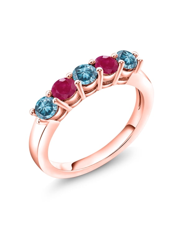 18K Rose Gold Plated Silver Blue Lab Grown Diamond and Red Ruby Wedding-Bands Ring for Women | 1.01 Cttw | Round 3.5MM | Gemstone April Birthstone | Size 7