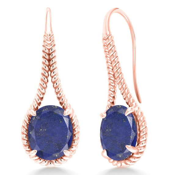 Gem Stone King 18K Rose Gold Plated Silver Blue Lapis Drop Dangle Earrings for Women | 8.00 Cttw | Gemstone Birthstone | Oval 12X10MM | 1.18 inch