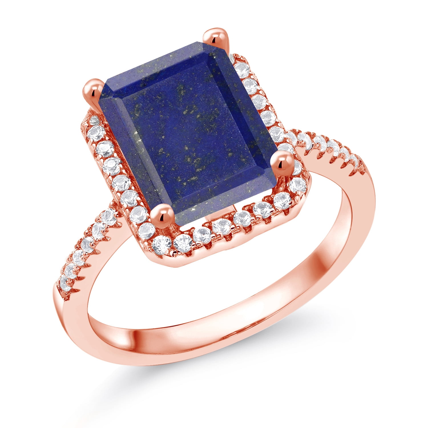 Gem Stone King 18K Rose Gold Plated Silver Blue Lapis Engagement Ring for Women (3.36 Cttw, Emerald Cut 10X8MM, Gemstone Birthstone, Size 8)