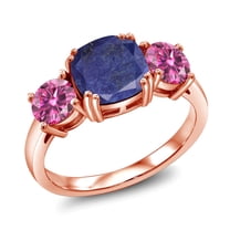 Gem Stone King 18K Rose Gold Plated Silver Blue Lapis and Pink Moissanite 3 Stone Engagement Ring for Women (3.00 Cttw, Gemstone, Cushion 8MM, Size 8)