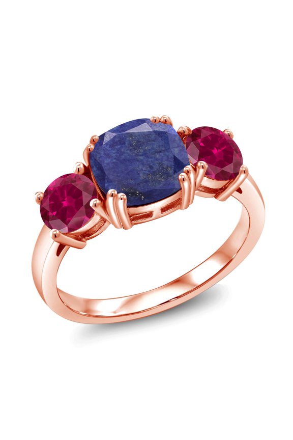 18K Rose Gold Plated Silver Blue Lapis and Red Created Ruby 3 Stone Engagement Ring for Women (4.00 Cttw, Gemstone, Cushion 8MM, Size 6)