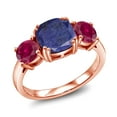 thumbnail image 1 of Gem Stone King 18K Rose Gold Plated Silver Blue Lapis and Red Created Ruby 3 Stone Engagement Ring for Women (4.00 Cttw, Gemstone, Cushion 8MM, Size 9), 1 of 5