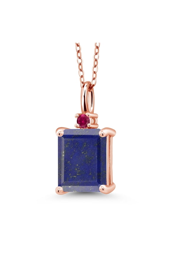 18K Rose Gold Plated Silver Blue Lapis and Red Created Ruby Pendant Necklace for Women (3.05 Cttw, Gemstone Birthstone, Emerald Cut 10X8MM with 18 inch Silver Chain)