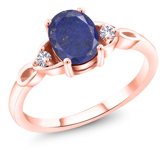 Gem Stone King 18K Rose Gold Plated Silver Blue Lapis and White Created Sapphire 3-Stone Rings for Women (1.48 Cttw, Gemstone, Oval 8X6MM, Available in Size 5, 6, 7, 8, 9)
