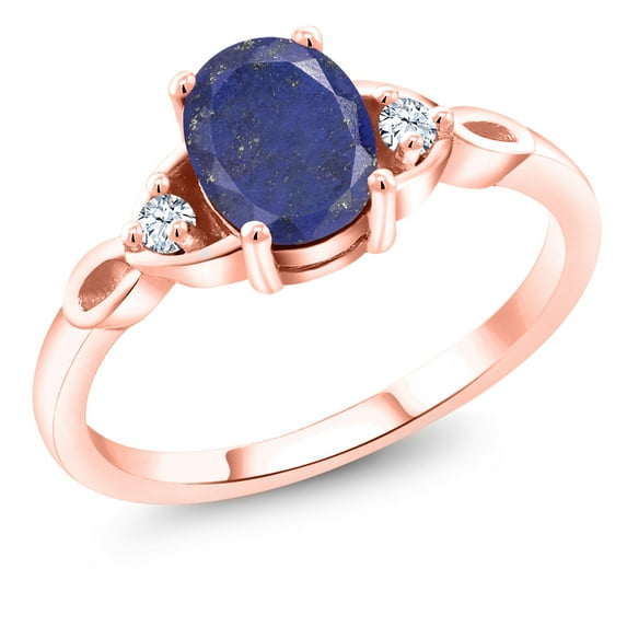 Gem Stone King 18K Rose Gold Plated Silver Blue Lapis and White Zirconia 3-Stone Rings for Women (1.46 Cttw, Gemstone, Oval 8X6MM, Available in Size 5, 6, 7, 8, 9)