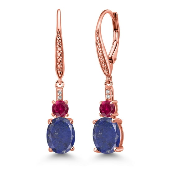 Gem Stone King 18K Rose Gold Plated Silver Blue Lapis and Red Created Ruby Dangle Earrings for Women with Lab Grown Diamond (4.53 Cttw, Oval 9X7MM)