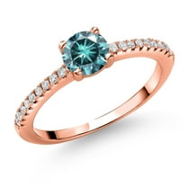 Gem Stone King 18K Rose Gold Plated Silver Blue Moissanite and White Lab Grown Diamond Engagement Wedding Anniversary Ring for Women (0.59 Cttw, Round 5MM, Size 5)