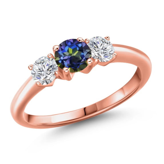 Gem Stone King 18K Rose Gold Plated Silver Blue Mystic Topaz and Lab Grown Diamond Engagement Ring for Women | 1.04 Cttw | Round 5MM | Gemstone November Birthstone | Size 7